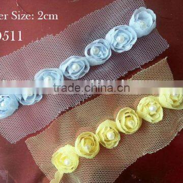 CF0511 Beautiful handmade bead center chiffon rose flower small flower trim for kids clothing