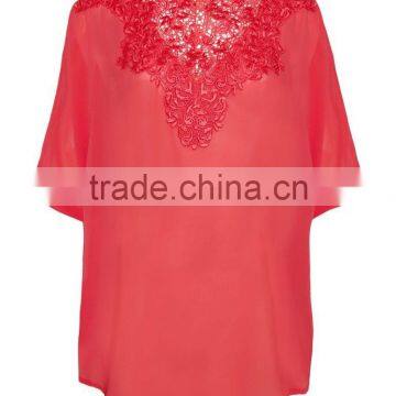 ladies tunic top wholesale, large lace decoration woman top,chiffon top