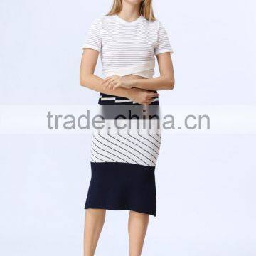 2016 New Arrival White & Black Stripe Knitted Crop and Fishtail High Waist Knitted Skirt Co-ord Set photo-5