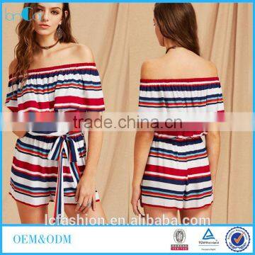 Woman Fashion 2017 Tie Striped Playsuit Summer Jumpsuits Multicolor Off the Shoulder Jumpsuits