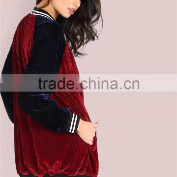 MGOO Burgundy Contrast Raglan Sleeve Velvet Longline Button Bomber Jacket With Striped Trim photo-4