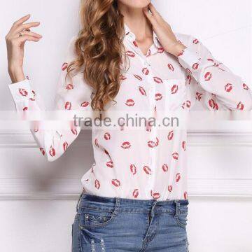 2017 new arrival red lip print chiffon ladies long sleeve shirts