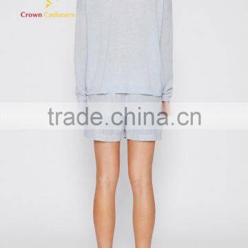Ladies Deep V Neck Light Blue Cashmere Pullover Sweater photo-2