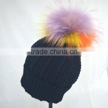 Myfur Rainbow Color Real Fur Pompom Woolen Knit Beanie Hat Wholesale photo-4