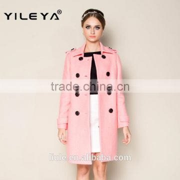 latest 2015 thick warm lovely pink women office coat with double breasted design