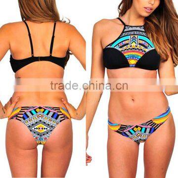 Polyester Bikini flexible backless two piece padded printed patchwork black Sold By Set