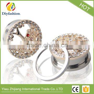 Popular Colorful Diamond Stainless Steel Hollow Out Tree Pierced Ear Plug