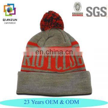 High Quality Knit Baby Beanie Hats Grey/Red With Bobble