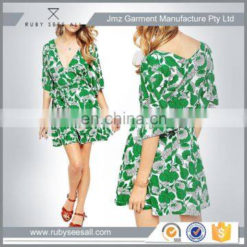 Green leaves and flowers Sublimation print new fashion ladies deep-V sexy summer casual dresses for fat ladies