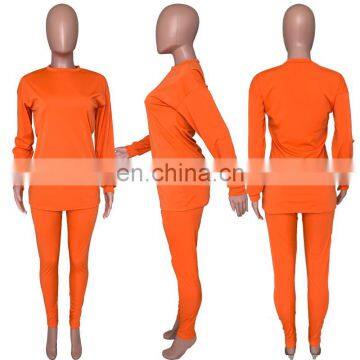 2020 Fashion Solid Color Women Long Sleeve With Legging 2 Two Piece Outfit Set photo-3