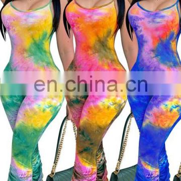 In stock RTS Spaghetti Strap Sleeveless Bodycon Vestidos Streetwear Tie-Dyed Stracked Long Pants Woman Onesie Pajamas Jumpsuit