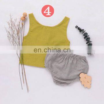 RTS Australia Hot Sale Baby Infant Linen 2pcs Set Buttons Vest Tops Solid Bloomers Korean Girls Linen Outfits photo-6