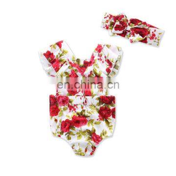 Baby Girl Romper Headband Set Toddler Flower Print Bodysuit Summer Clothes for 0-2T photo-6