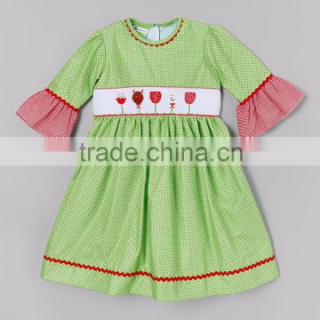 children girl Lime Dot Snowman Ruffle Smocked Dress