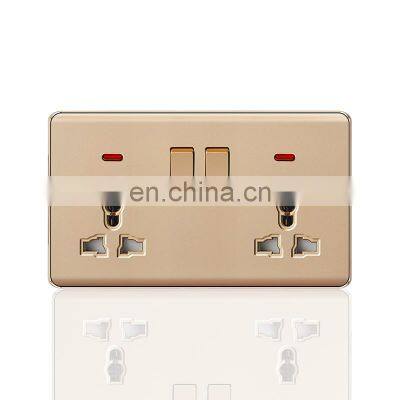 Universal double 3 pin Wall Socket With Switch Flame retardant PC Socket and Switch Electrical Metal Frame With LED light