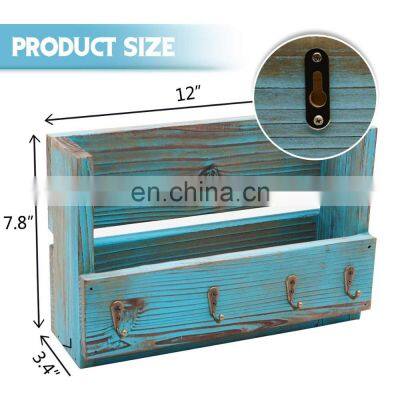 Wall Mount Mail Holder Wood Rustic Key Envelope Organizer With 4 Hooks for Entryway photo-2