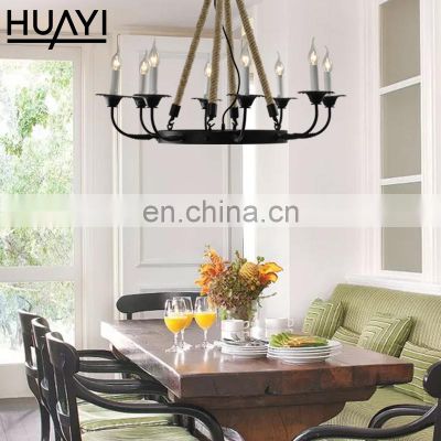 HUAYI North American Retro Decorative Hanging Lamp Hemp Rope Candle Chandelier D850 E12 Metal Matte Black Round Pendant Light