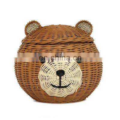 New Arrival Bear Head Rattan Storage Basket With Lid High Quality Decorative Bin Decor Hand Woven Shelf Organizer