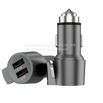 17W USB C 2-Port Car Charger 3.0 Fast Charging for Phone with Stainless Steel Safety Hammer