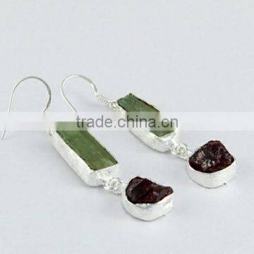 Stylish Prehnite & Garnet Rough Stone Silver Earring, Silver Jewellery Wholesaler, Handmade Silver Jewellery