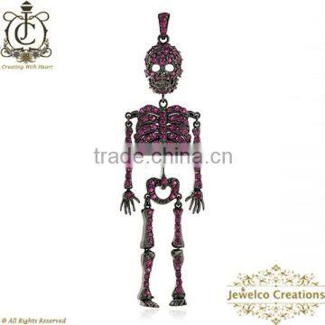 925 Silver Gemstone Designer Skeleton Pendant, Ruby Gemstone Skeleton Pendant Jewelry, Handmade Gemstone Pave Jewelry Wholesaler