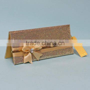 Hot Sale Attractive Golden Hardcover Folded Wedding Invitations With Paillette Ribbons Bowkont & Crystal Decoration Quality Choice photo-2