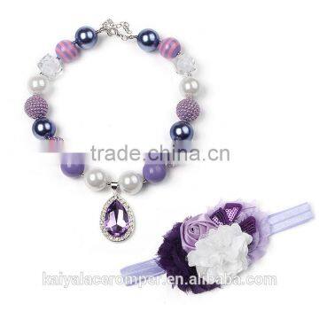 Princess Sofia Necklace,BubbleGum violet chunky necklace with headband,waterdrop pendent,crystal