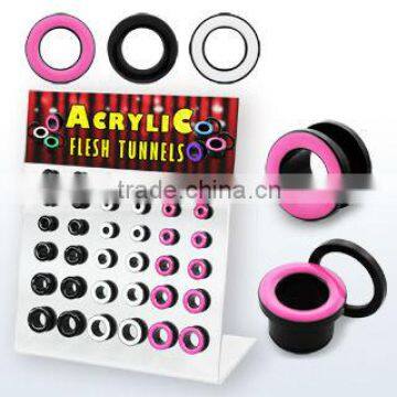 Display with 36 pcs. of acrylic screw fit flesh tunnel with colored rim - size 6g - 1/2" (4mm - 12mm)