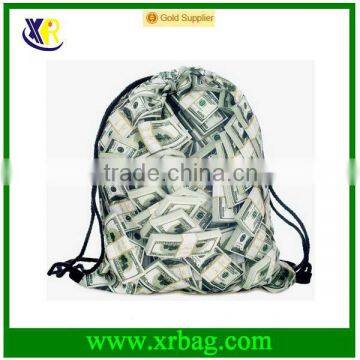 Dollar 3D Print Polyester Lady's Classic Man Gym Drawstring Bag Reusable Shopping Bags