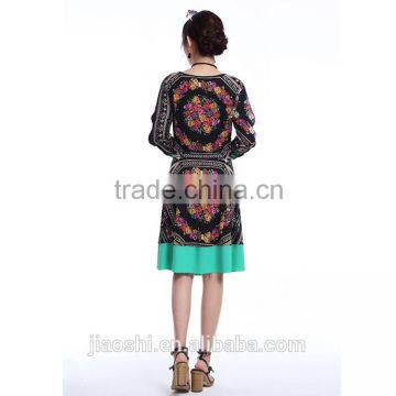 Cheap Long Sleeve Digital Print Chinese Green Raw Silk Evening Dress Wholesale photo-3