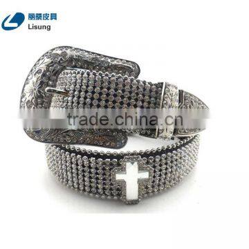 Wholesale Cheap Western Cross Hardware Studded Rhinestone Strap Belt With Flower Buckle Set