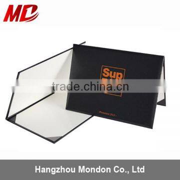 Black Leatherette Certificate Folder Four Satin Corners with Orange Stamping Logo-Tent Style