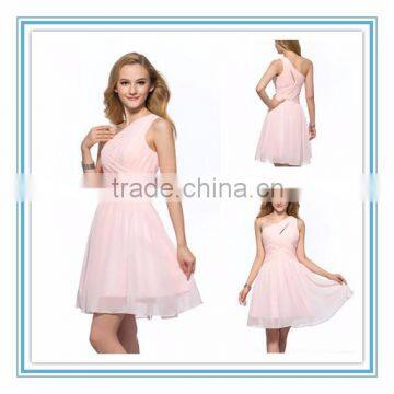 2015 New Style One Shoulder Simple Chiffon Peach Color Bridesmaid Dress (DVBM-1001)