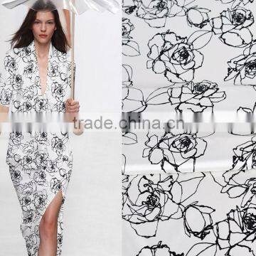 Printed Black White Floral Spandex Silk Fabric photo-3