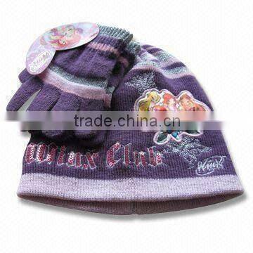 kids knitted acrylic beanie hat with magic glove sets