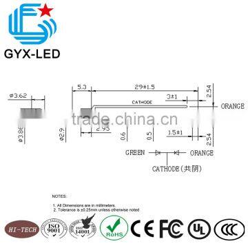 3mm Lens 3.6mm Flange Round Type Orange Color and Green Color Dual Color Throuhg Hole LED 3 Pin
