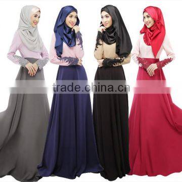 2016 Summer Fashion Women Ethnic Korean Hemp Maxi Dresses Ladies Long Sleeve zipper Back Lace Patchwork Muslim Dress