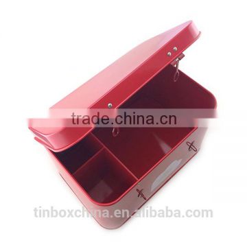 big hinged rectangular strong red metal pop lock box