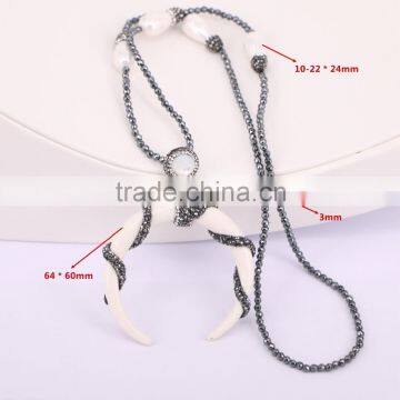 Fashion Drop Pearl Shell Gemstone Necklace, Double Horn Pendant Hematite Beads Necklace photo-3