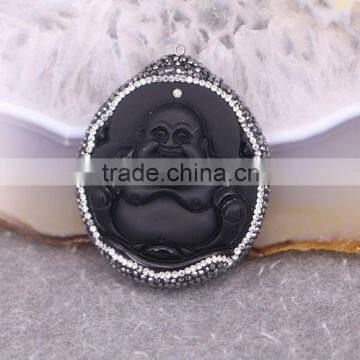 Black Obsidian Pendant, with Pave Crystal Edged Carving Buddha Pendant, Druzy Gem Stone Pendant