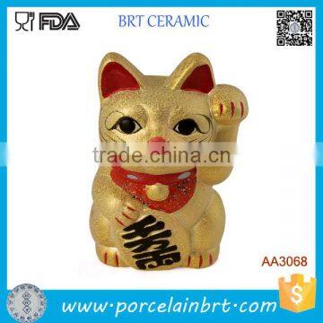 Home Decor Gold Plate Maneki Neko Cat Ceramic Money Bank