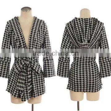 HOUNDS TOOTH PATTERNED DOUBLE KNIT JACKET WITH WAIST TIE manufacture factory women lady KNIT JACKE