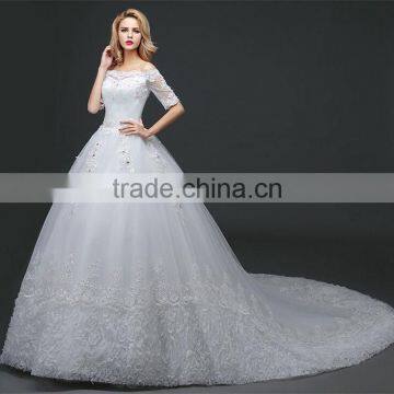 MGOO Off Shoulder Short Sleeve Shinny Beaded Lace Hem A-line Floor Length Wedding Dress Crisscross Back photo-4