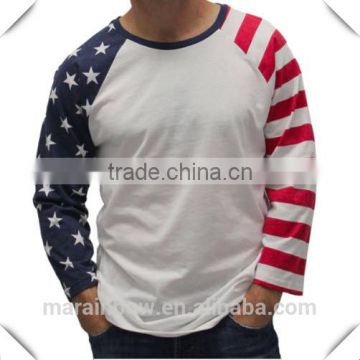 2015 Fashion Design Mens American Flag Sublimated T Shirts Custom Printed USA Flag 3/4 Raglan Sleeve Baseball Tee Shirt