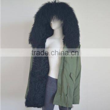 Myfur Black Sheep Fur Lining Mongolian Lamb Fur Hood Green Parka Jackets