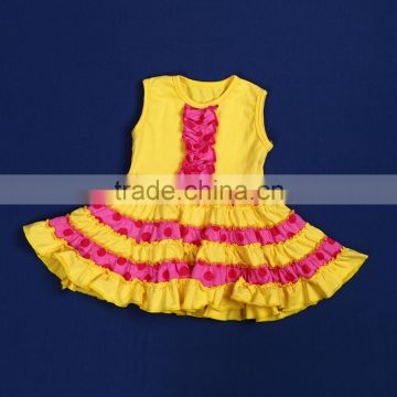 Baby Girl Ruffle Dress Kids Solid Color Ruffled Frock Design Pink Dots And Yellow Color Patchwork Dress QL-51