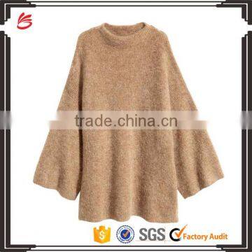 High Quality Long Bell Sleeves Crew Neck Ribbed Handmade Wool Knit Sweater for Women