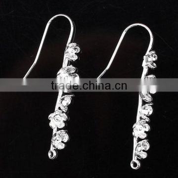 Copper Earring Hooks Flower Silver Plated W/ Loops 3.7cm x 0.8cm,3Pairs