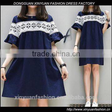 Women Linen Dress Lace Short Flare Sleeve for Women Ladies Apparel