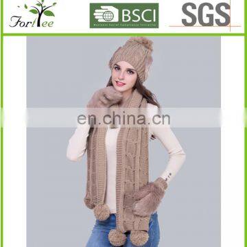 hot new products for 2015 with knitted with fur hat,scarf,gloves set